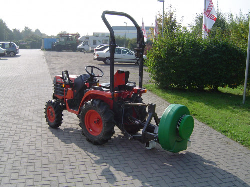 Kersten LBV leaf blower mounted on three point linkage with PTO drive on Kubota B1610